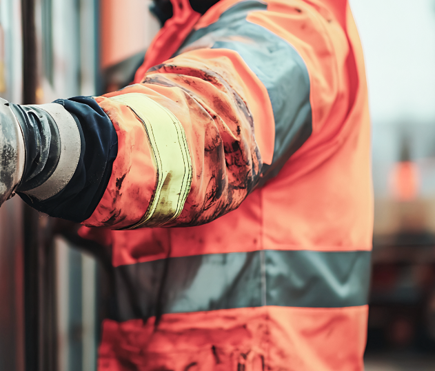 Operaio al lavoro con giacca ad alta visibilità sporca di olio. ( particolare )