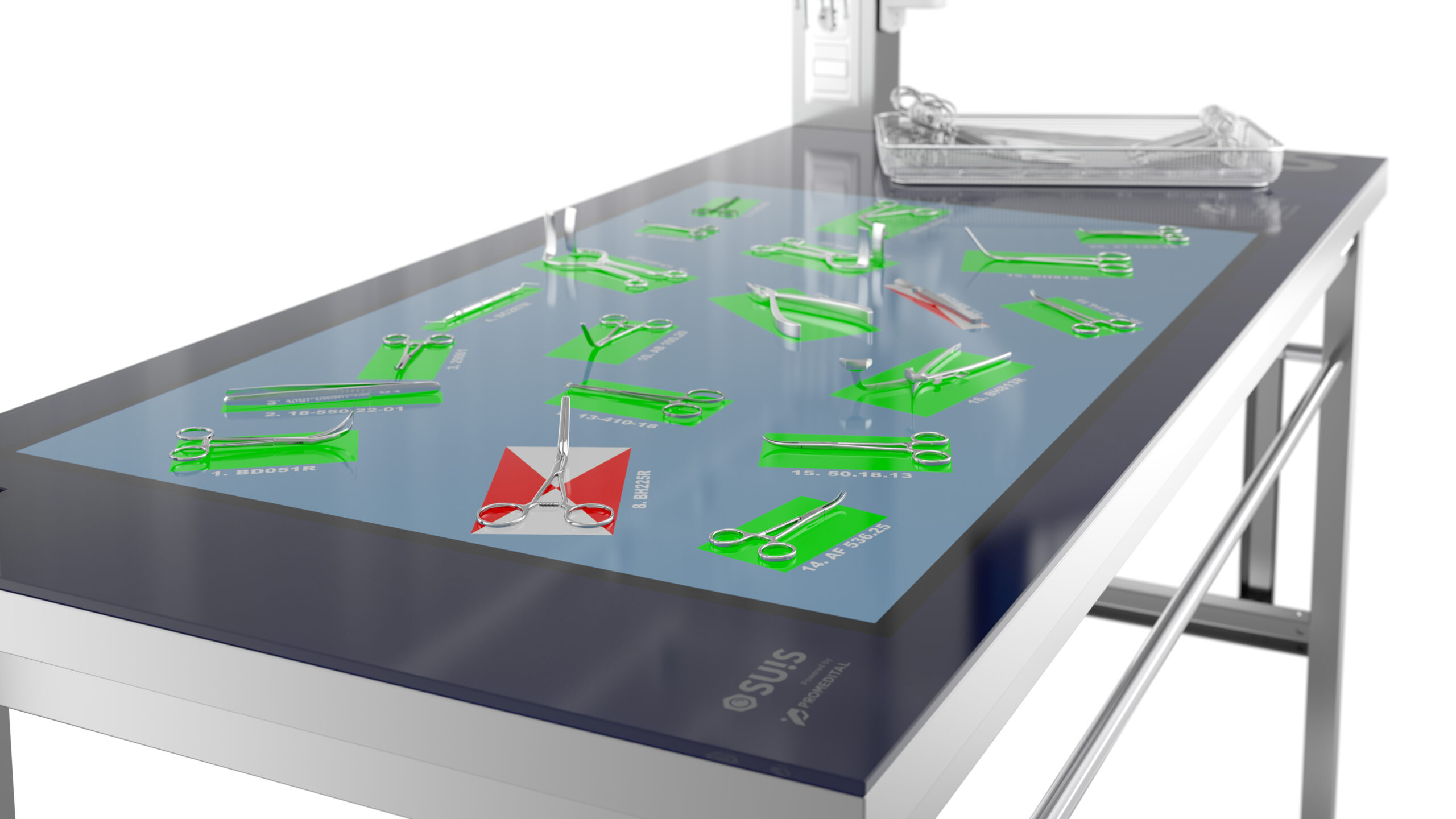 Detail of the Promedital SUIS smart workstation showing AI-powered surgical instrument recognition and visual guidance for surgical set assembly.