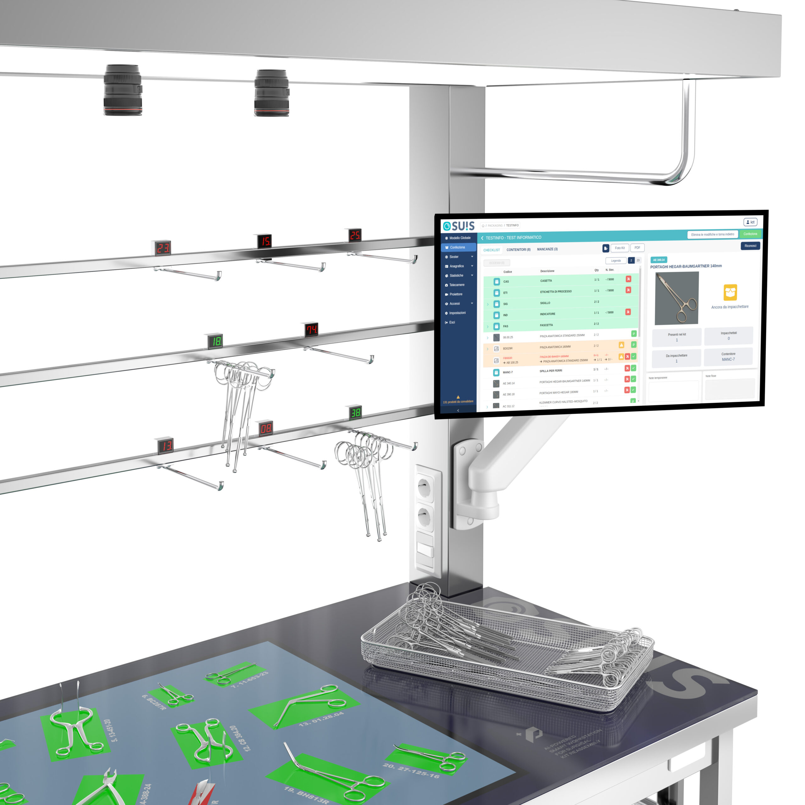 Promedital SUIS workstation featuring an integrated monitor, cameras and visual guidance system for surgical instrument set reassembly.
