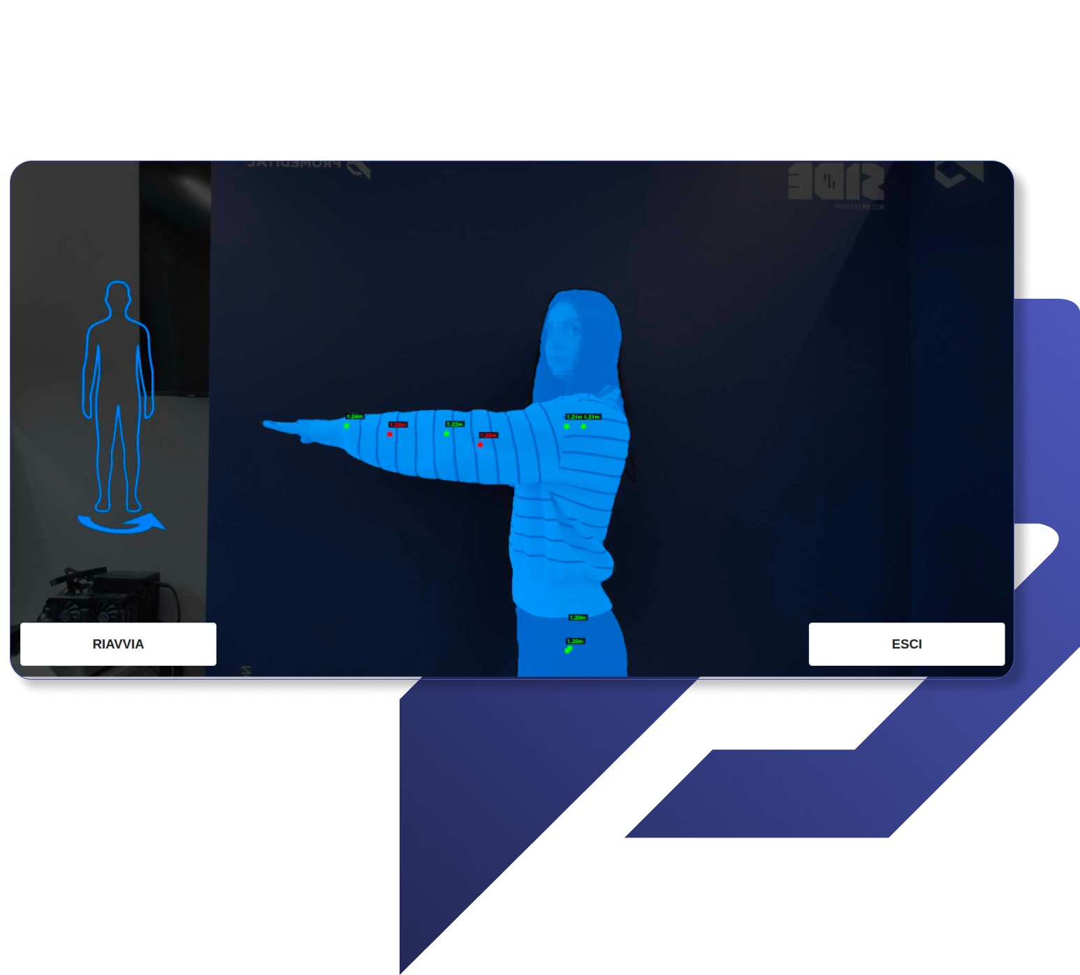 SIDE_Schermata del monitor che mostra la scansione corporea della persona a cui verrano prese le misure per il calcolo della taglia.