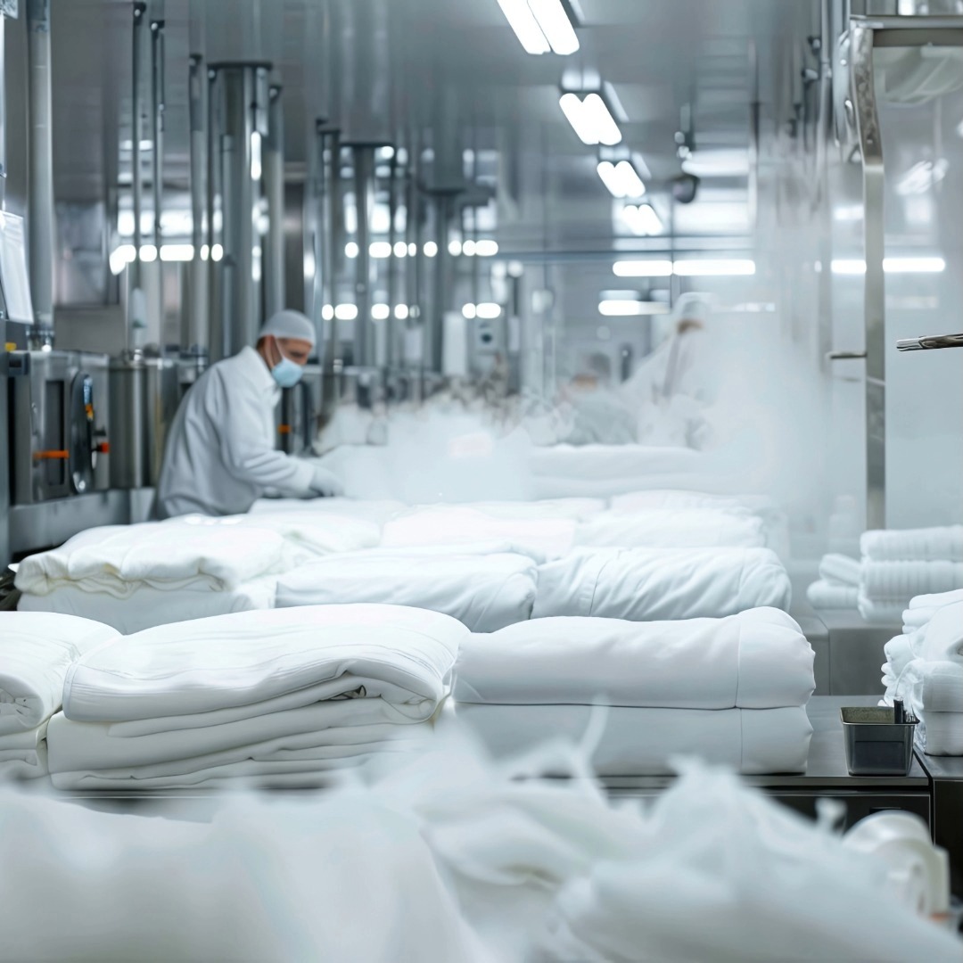 Lavanderia industriale di biancheria piana, operatore sul fondo fra il vapore delle macchine