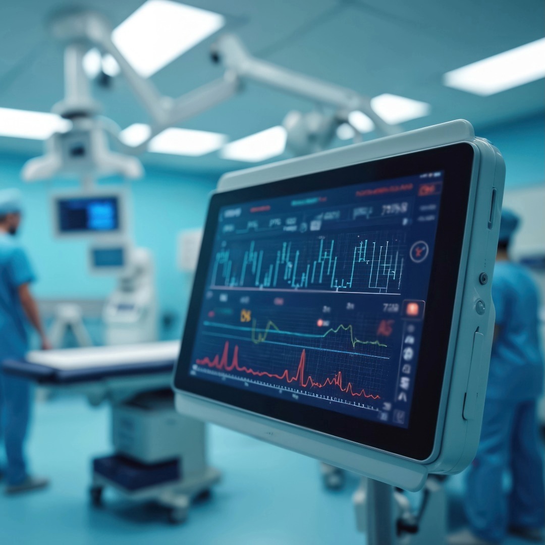 Monitor di sala operatoria in primo piano all'interno di una sala operatoria